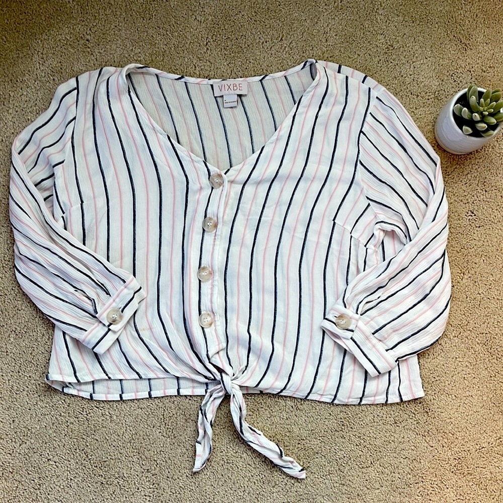 Vixbe, striped, button down, tie front 3/4 sleeve shirt